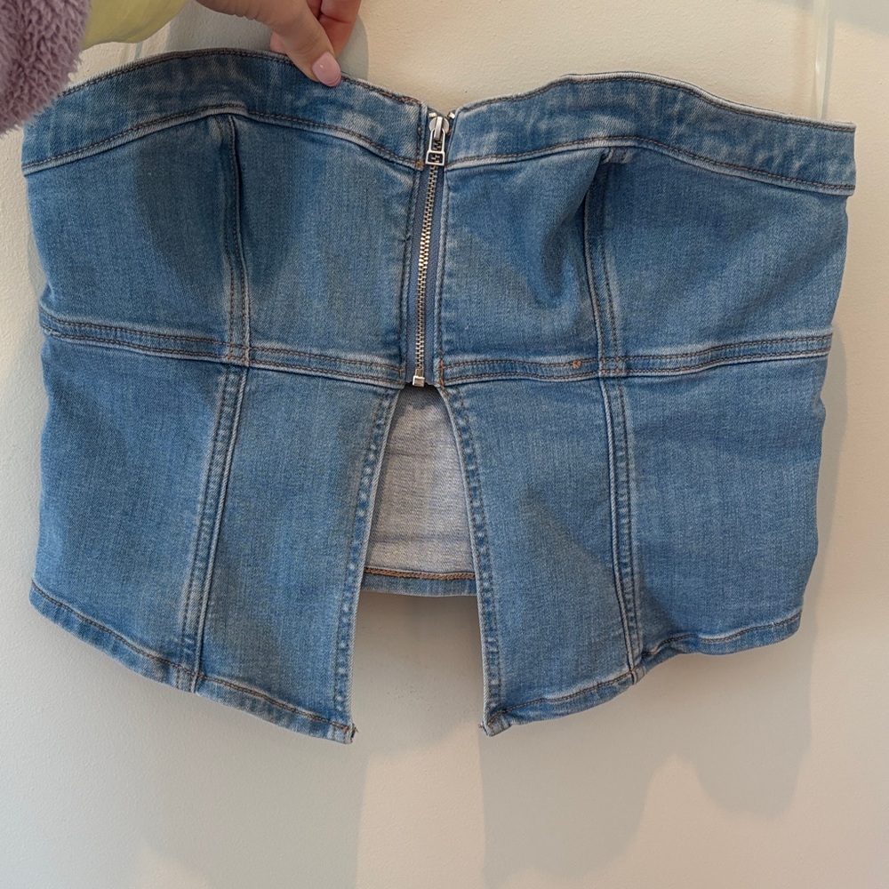 American Eagle Light Blue Denim Strapless Top